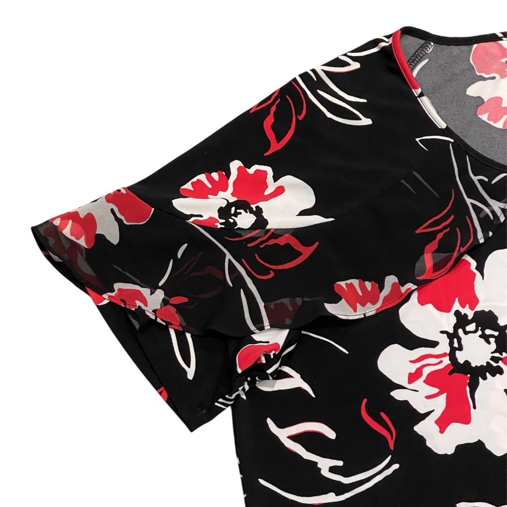 CALVIN KLEIN Womens Floral Top XL Black Red White Short Ruffle Sleeve Round Neck - Picture 6 of 10